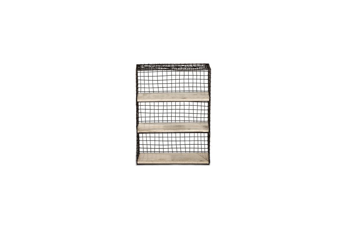 The nkuku Tamba Wall Hung Shelf features a black metal grid frame and three evenly spaced, light mango wood shelves. Photographed centered against a white background.