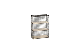 The nkuku Tamba Wall Hung Shelf features a rectangular, three-tiered metal wire grid frame with three light mango wood shelves, creating an industrial minimalist look with open sides and back.