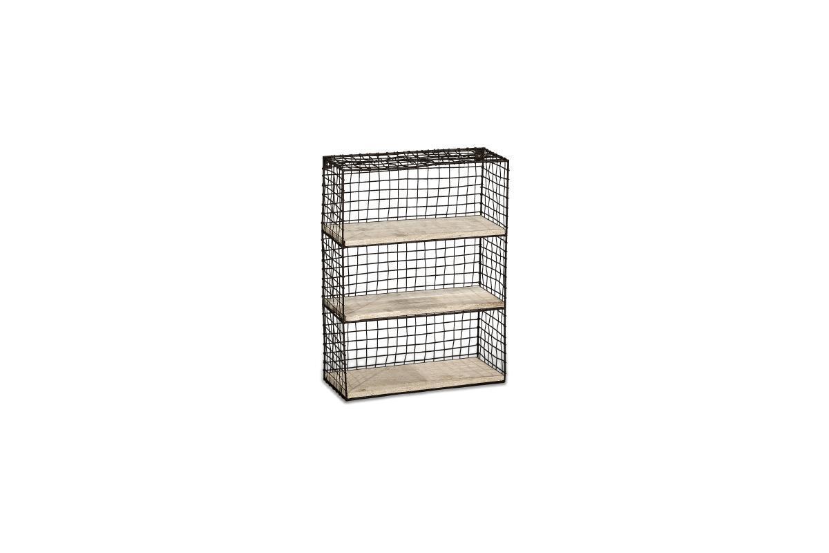 The nkuku Tamba Wall Hung Shelf features a rectangular, three-tiered metal wire grid frame with three light mango wood shelves, creating an industrial minimalist look with open sides and back.
