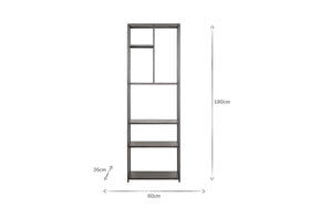The nkuku Tanvi Display Shelf - Black - Narrow is a tall, slim metal unit with five varied shelves, measuring 180cm high, 60cm wide, and 36cm deep—ideal for organizing or use as a sleek divider in any space.
