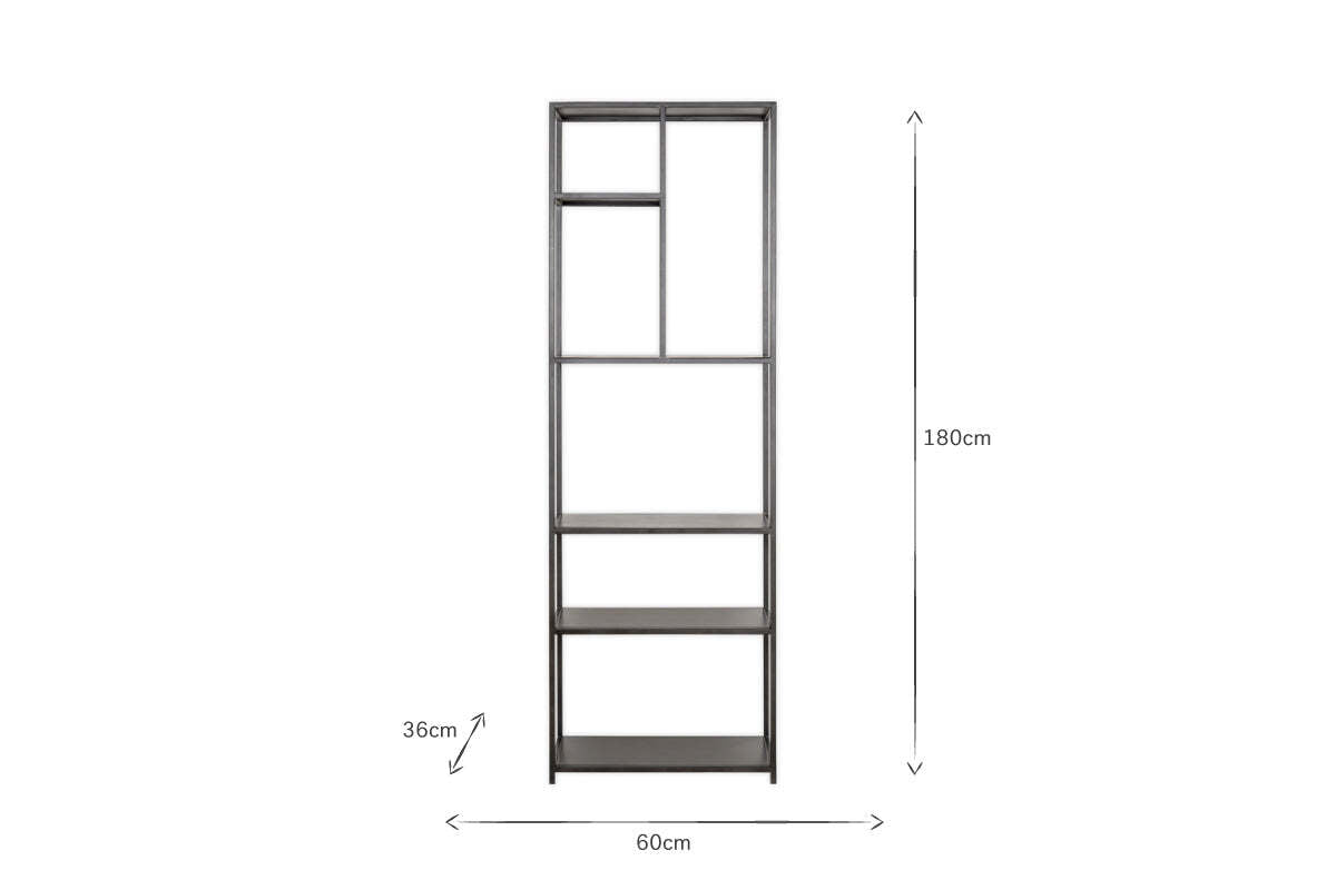 The nkuku Tanvi Display Shelf - Black - Narrow is a tall, slim metal unit with five varied shelves, measuring 180cm high, 60cm wide, and 36cm deep—ideal for organizing or use as a sleek divider in any space.