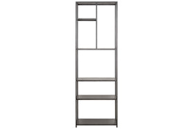 The Tanvi Display Shelf - Black - Narrow by nkuku features a tall, rectangular metal frame with three lower shelves and four upper compartments. Its dark gray finish offers minimalist style, ideal as a narrow display shelf or modern room divider.