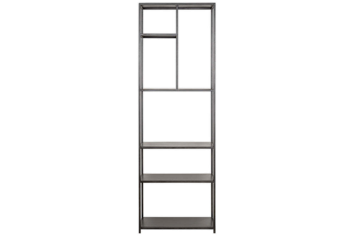 The Tanvi Display Shelf - Black - Narrow by nkuku features a tall, rectangular metal frame with three lower shelves and four upper compartments. Its dark gray finish offers minimalist style, ideal as a narrow display shelf or modern room divider.