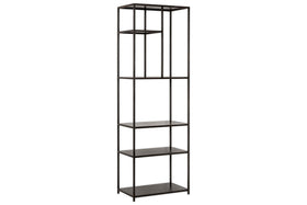 The Tanvi Display Shelf - Black - Narrow by nkuku features a tall, black metal frame with four rectangular shelves and an open, minimalist design—ideal as a modern room divider or narrow display shelf.