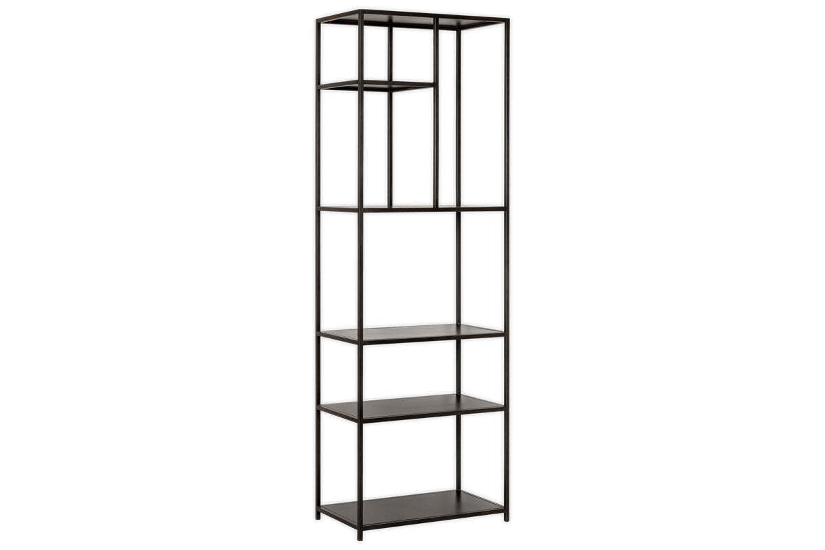 The Tanvi Display Shelf - Black - Narrow by nkuku features a tall, black metal frame with four rectangular shelves and an open, minimalist design—ideal as a modern room divider or narrow display shelf.