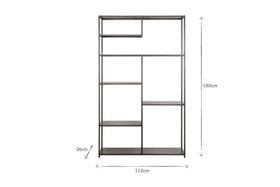 The Tanvi Display Shelf - Black - Wide by nkuku is a tall, rectangular black metal shelf with open, asymmetrical shelves. Measuring 180x110x36 cm, it offers a modern geometric look—ideal as a room divider or industrial shelving. White background.