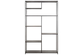 The Tanvi Display Shelf - Black - Wide by nkuku features a tall, minimalist design with a black metal frame and asymmetrical open shelves—perfect as a modern display shelf or stylish room divider.