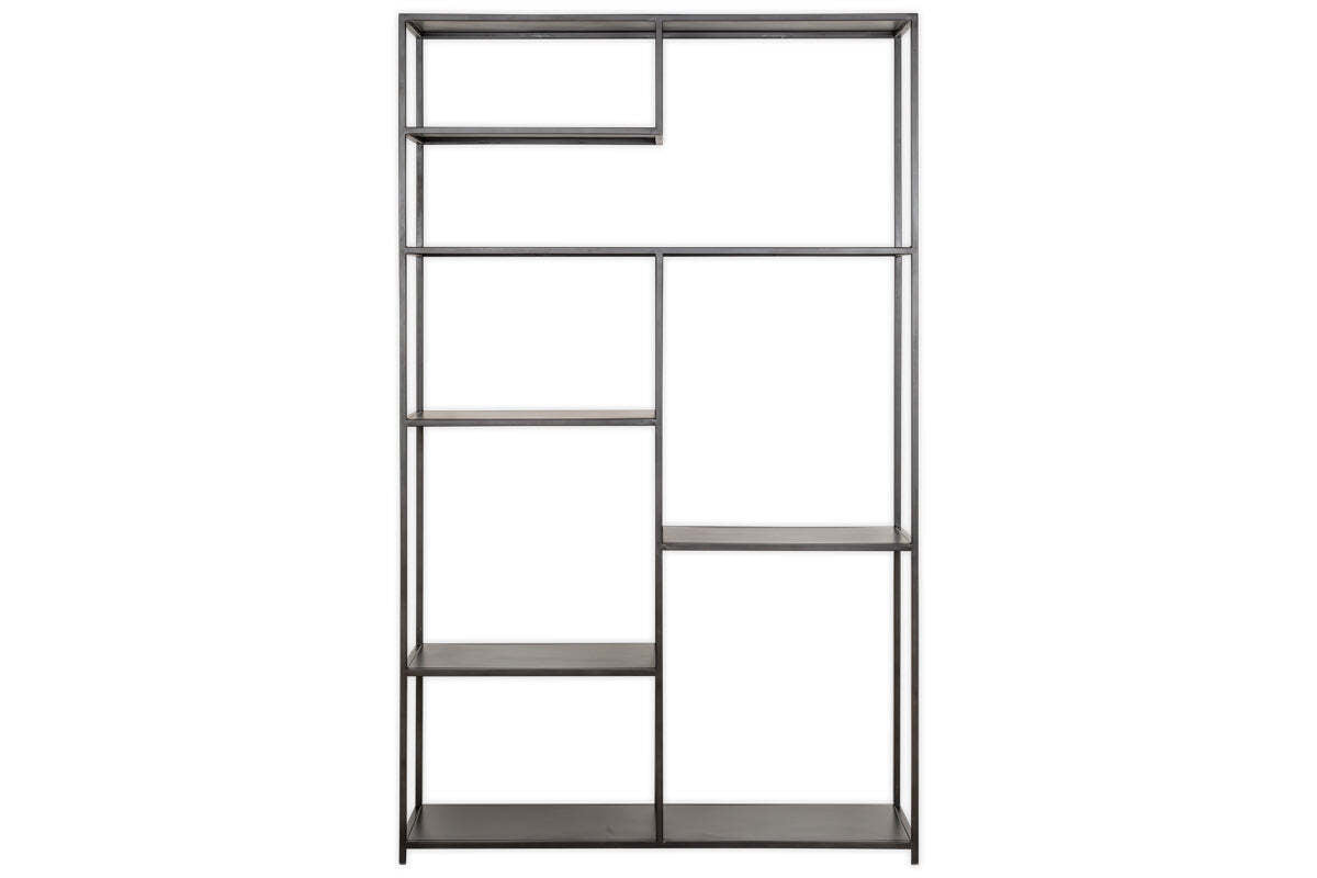 The Tanvi Display Shelf - Black - Wide by nkuku features a tall, minimalist design with a black metal frame and asymmetrical open shelves—perfect as a modern display shelf or stylish room divider.