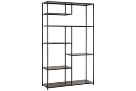The Tanvi Display Shelf - Black - Wide by nkuku features an open, asymmetrical black metal design with multiple rectangular shelves—ideal as a stylish room divider for a geometric, minimalist look with its slim frame and wide display.