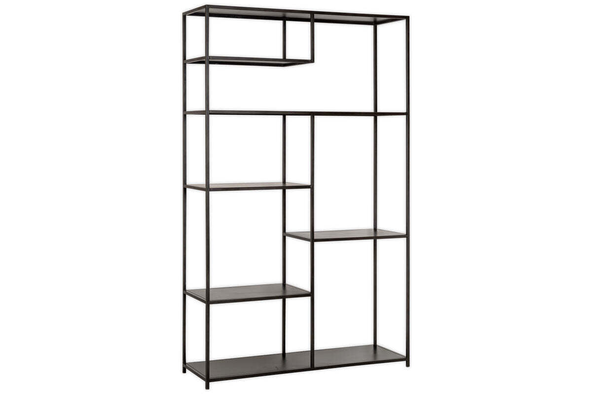 The Tanvi Display Shelf - Black - Wide by nkuku features an open, asymmetrical black metal design with multiple rectangular shelves—ideal as a stylish room divider for a geometric, minimalist look with its slim frame and wide display.