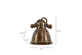 The Tubu Brass Spot Light by nkuku features an antique brass finish, adjustable lighting, and a dome-shaped shade. It measures 20.4 cm tall, 11 cm wide at the base, and 12.9 cm across the top, as shown with measurement arrows on a white background.