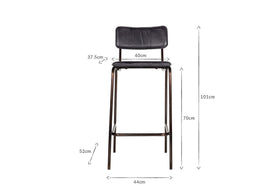 Front view of the nkuku Ukari Counter Chair - Aged Black, buffalo leather with cushioned seat and back. Dimensions shown: seat width 40cm, depth 37.5cm, total height 101cm, seat height 70cm, back legs 52cm, base width 44cm. White background.