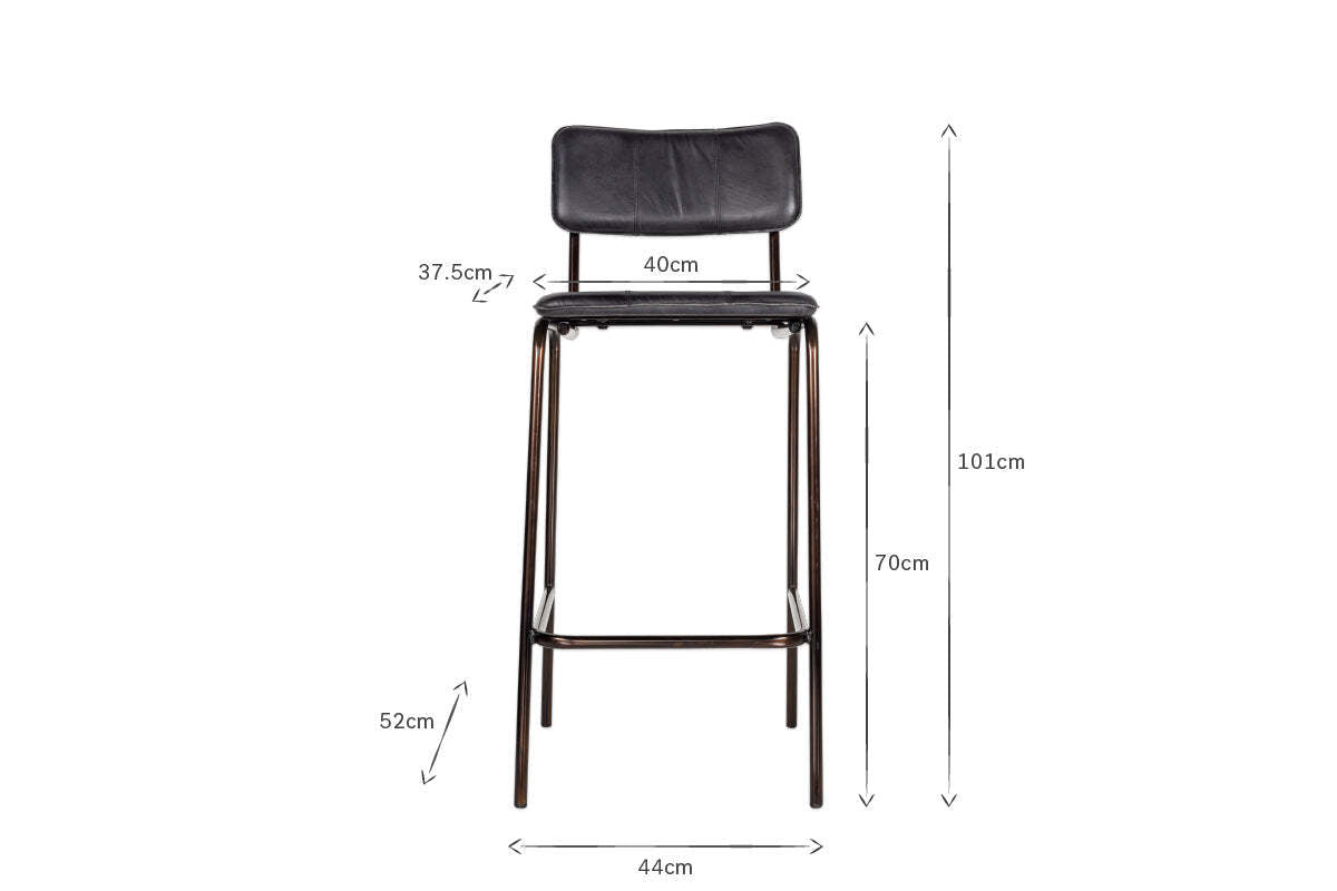 Front view of the nkuku Ukari Counter Chair - Aged Black, buffalo leather with cushioned seat and back. Dimensions shown: seat width 40cm, depth 37.5cm, total height 101cm, seat height 70cm, back legs 52cm, base width 44cm. White background.