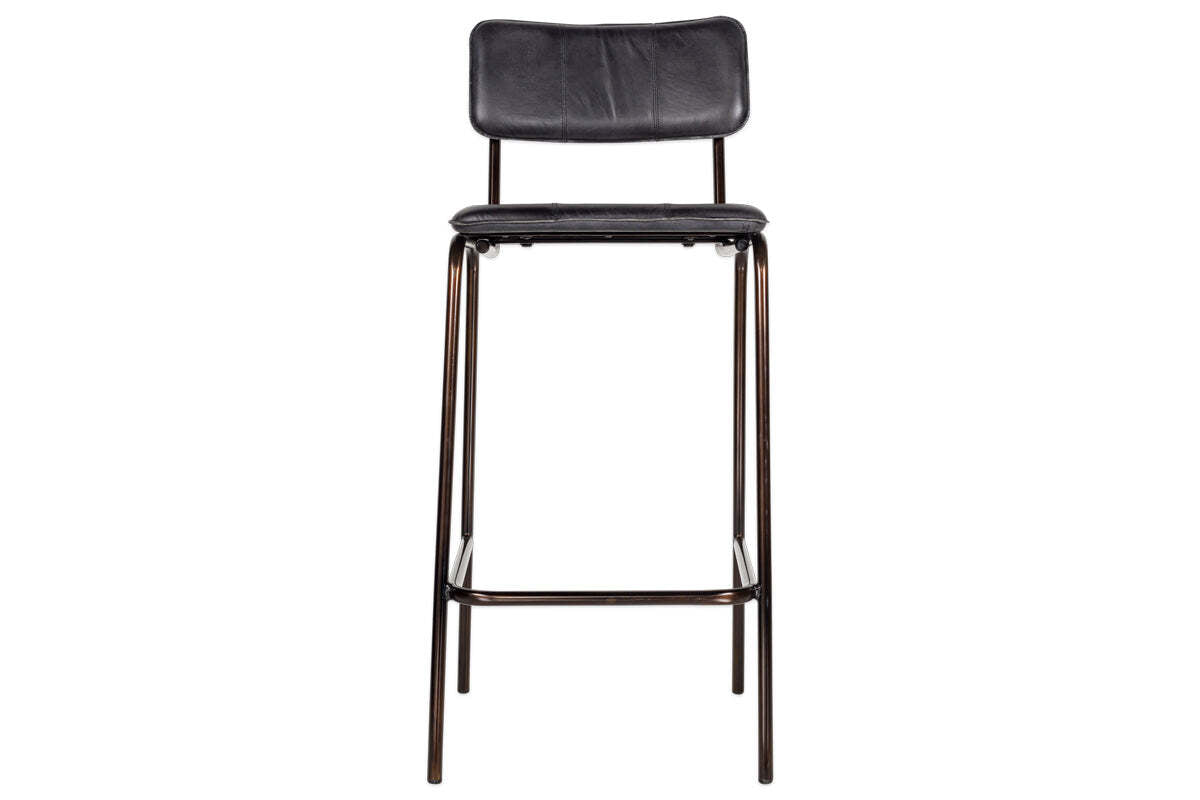 The nkuku Ukari Counter Chair - Aged Black features a curved back and rectangular seat in aged-black leather, set on a dark metal frame and legs for a modern, counter-height design.