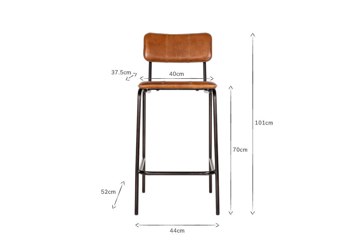 The Ukari Counter Chair - Aged Tan by nkuku features a handmade buffalo leather seat on a sturdy metal frame, measuring 101cm high, 70cm seat height, 40cm wide seat, and 44cm wide base.