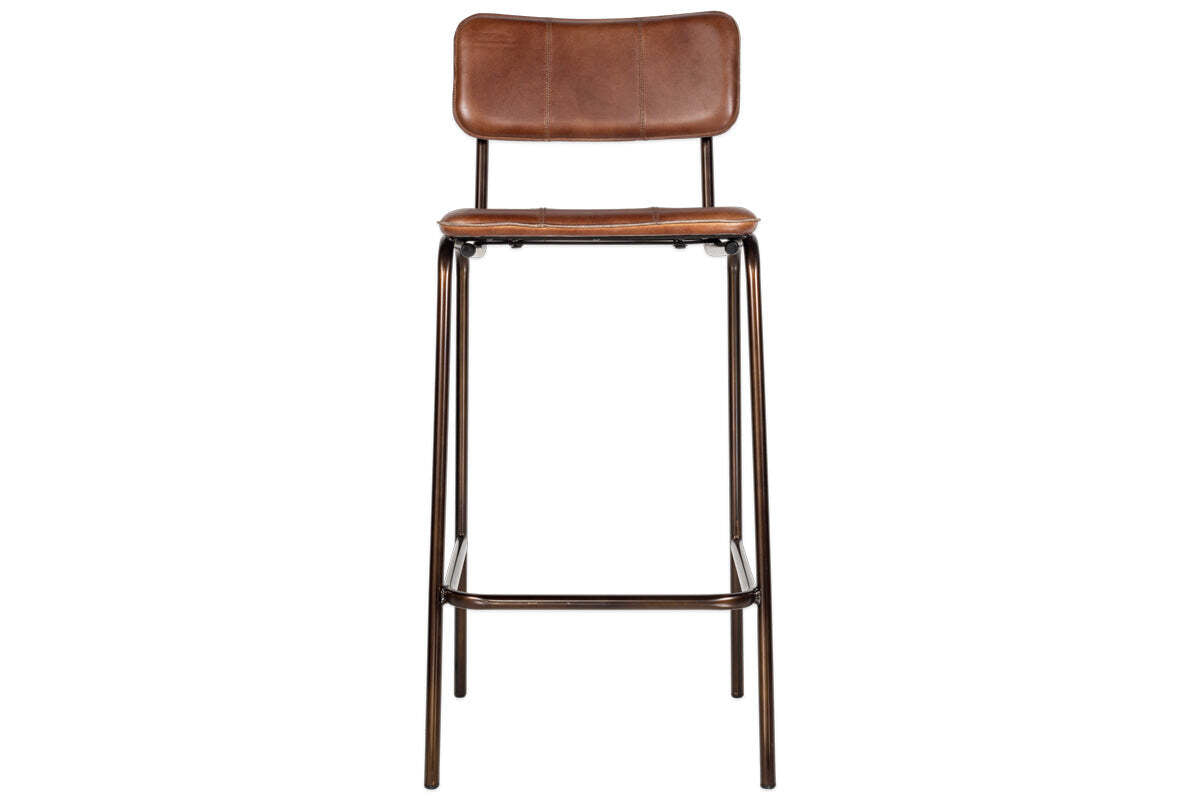 The nkuku Ukari Counter Chair in Chocolate Brown features a padded seat and backrest, slender black metal legs, and a footrest bar for comfort in a sleek, modern design.