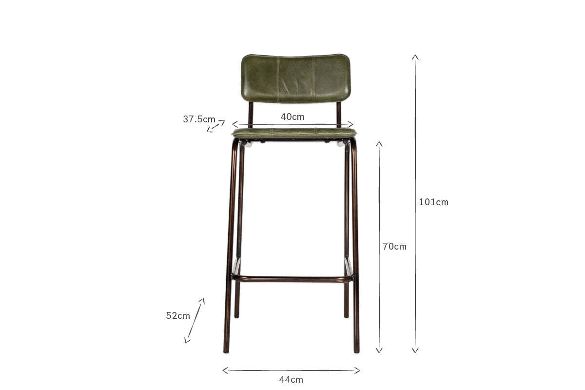 The nkuku Ukari Counter Chair - Rich Green features a padded leather backrest and seat, slim dark metal legs, and footrest. Dimensions: backrest height 37.5cm, seat width 40cm, overall height 101cm, leg height 70cm, width 44cm.