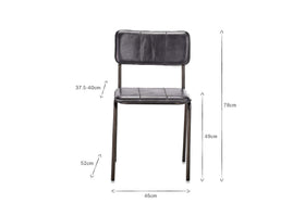 The nkuku Ukari Leather Dining Chair in Aged Black features buffalo leather upholstery, stitched detail on a rectangular backrest and seat, slim metal legs, and measures 78cm high, 46cm wide, 52cm deep; seat height is 49cm.