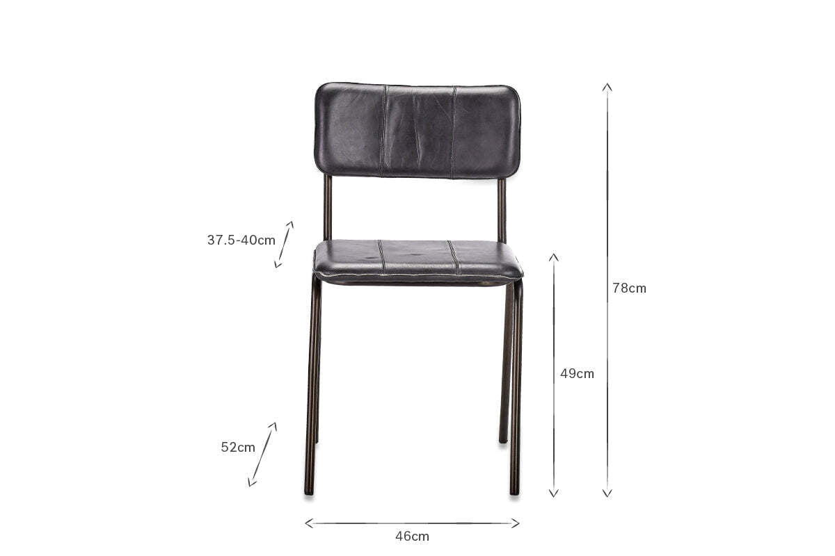 The nkuku Ukari Leather Dining Chair in Aged Black features buffalo leather upholstery, stitched detail on a rectangular backrest and seat, slim metal legs, and measures 78cm high, 46cm wide, 52cm deep; seat height is 49cm.