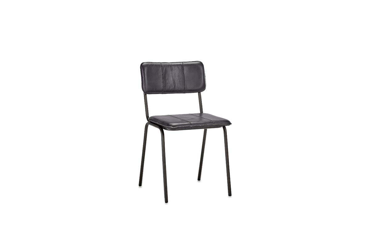 The Ukari Leather Dining Chair – Aged Black by nkuku features buffalo leather upholstery, a padded seat and backrest, and slim metal legs.