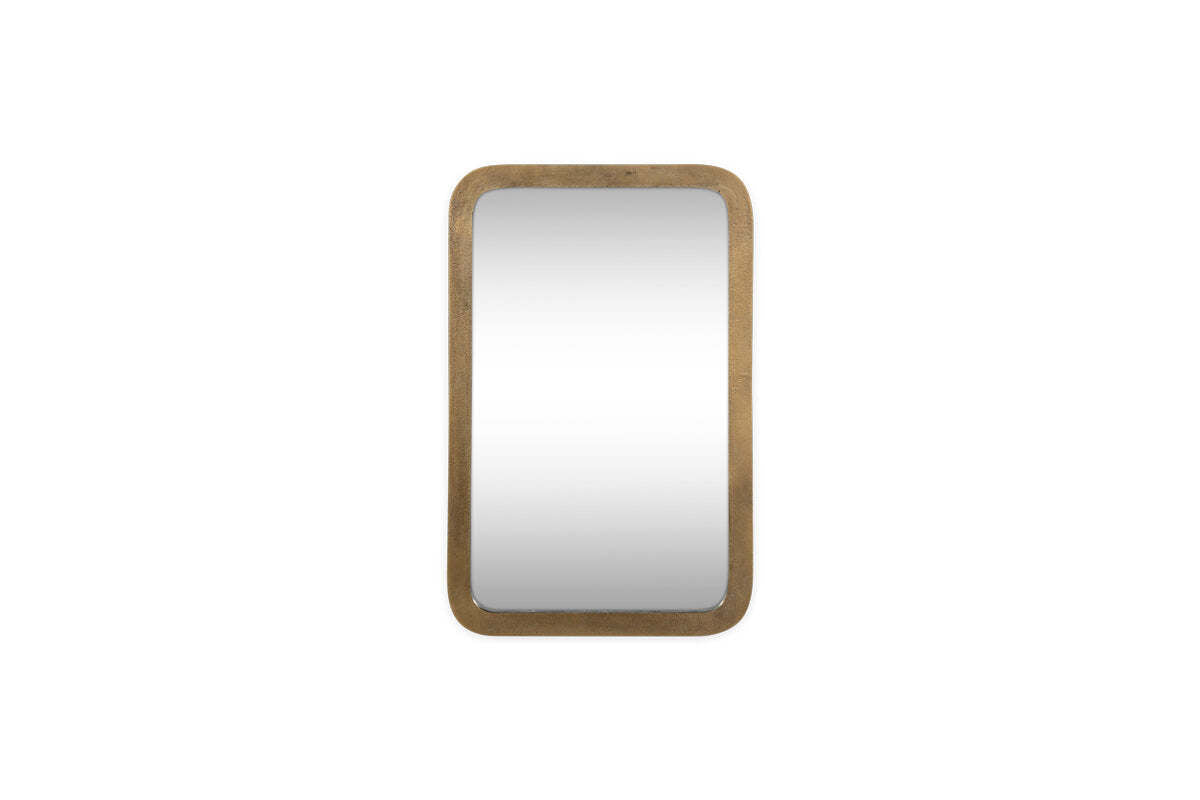 The nkuku Ungura Rounded Mirror - Antique Brass - Small features a rectangular shape with softly curved corners, a textured antique brass frame, and is shown isolated on a white background.