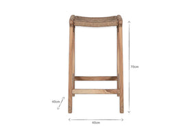 The nkuku Vinay Woven Counter Stool - Natural stands 70cm high, made from Acacia Wood with a woven jute seat. Dimensions are marked clearly with lines and text labels for easy reference.
