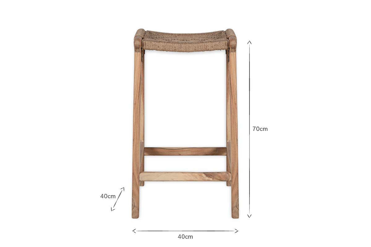 The nkuku Vinay Woven Counter Stool - Natural stands 70cm high, made from Acacia Wood with a woven jute seat. Dimensions are marked clearly with lines and text labels for easy reference.
