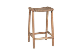 The Vinay Woven Counter Stool by nkuku features a handcrafted Acacia wood frame in a natural finish, with four straight legs, horizontal supports, and a woven jute seat for a rustic look showcasing visible wood grain.