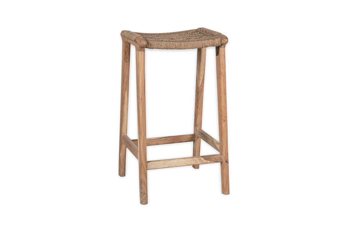 The Vinay Woven Counter Stool by nkuku features a handcrafted Acacia wood frame in a natural finish, with four straight legs, horizontal supports, and a woven jute seat for a rustic look showcasing visible wood grain.