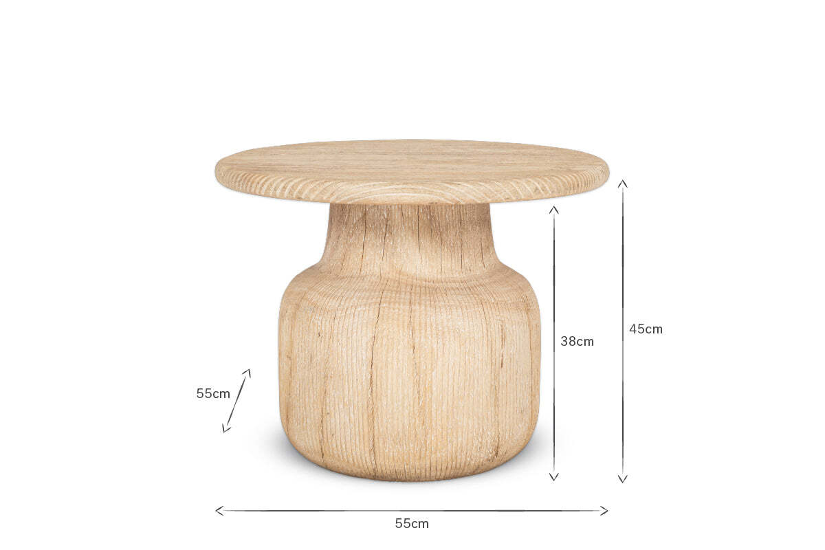 The nkuku Vivan Grooved Wood Side Table features a round top, wide rounded base, and grooved detailing. Crafted from sustainable mango wood, it’s 55cm wide, with a 38cm base height and 45cm total height for a natural minimalist look.