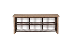 The nkuku Abha Reclaimed Wood & Iron Storage Bench - Natural features a rectangular wood top and six open iron cubbies in two rows, making it a stylish and practical shoe storage solution against a plain white background.