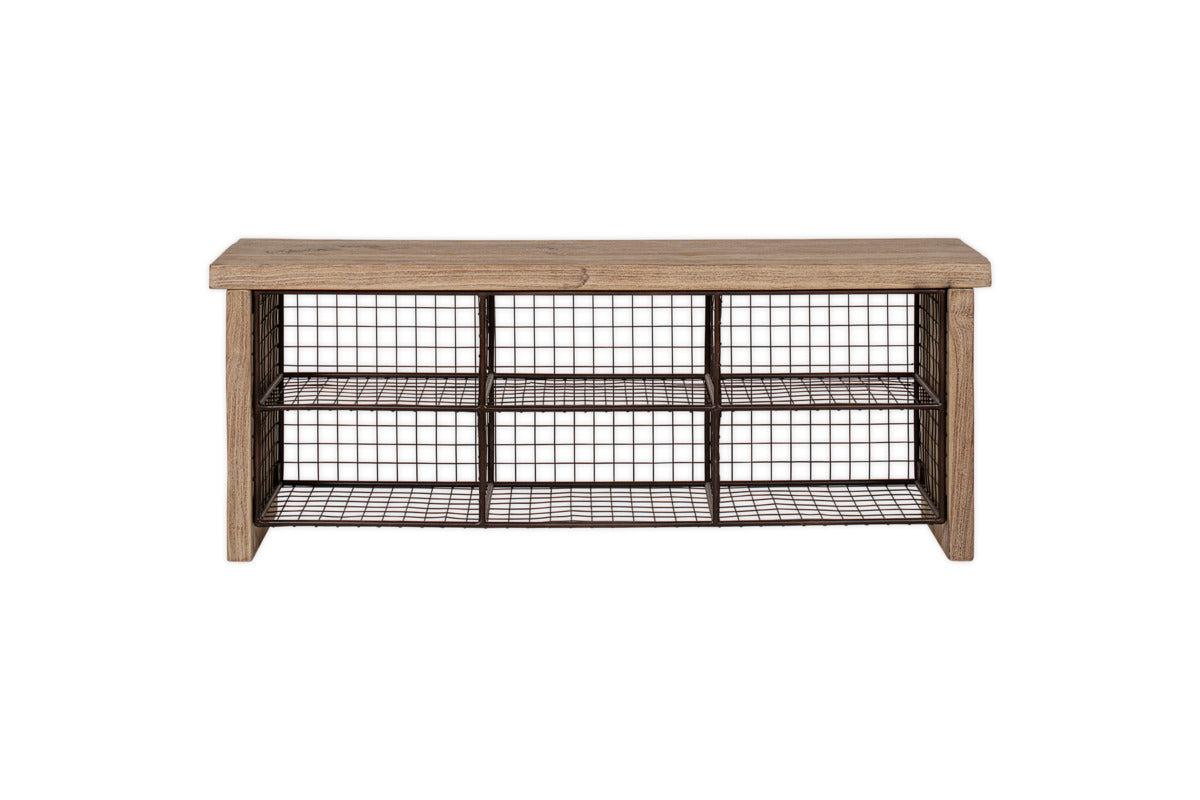 The nkuku Abha Reclaimed Wood & Iron Storage Bench - Natural features a rectangular wood top and six open iron cubbies in two rows, making it a stylish and practical shoe storage solution against a plain white background.