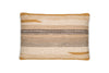 The nkuku Aravali Wool Cushion Cover - Ochre is a rectangular woven cushion cover with horizontal stripes in beige, tan, mustard yellow, and brown, plus a central band of small dark circles.
