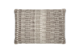 The nkuku Aahna Wool Cushion Cover in Charcoal features a textured, woven design with vertical stripes and a subtle geometric pattern, crafted from wool and recycled polyester. The background is plain white.