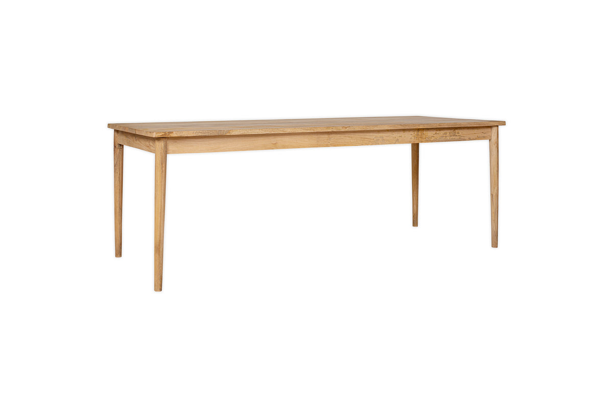 The Anbu Mango Dining Table - Natural by nkuku features a rectangular mango wood design with a smooth top and four tapered legs, from the Anbu collection, displayed on a white background.