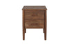Front view of the nkuku Anbu Acacia Bedside Table in Washed Walnut, featuring two drawers, four legs, and simple rectangular handles—ideal for bedroom storage.
