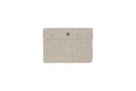 A beige, rectangular hemp and cotton pouch with thin espresso stripes and a central brown button, inspired by nkuku’s Borba Housewife Pillowcases, is shown on a white background.