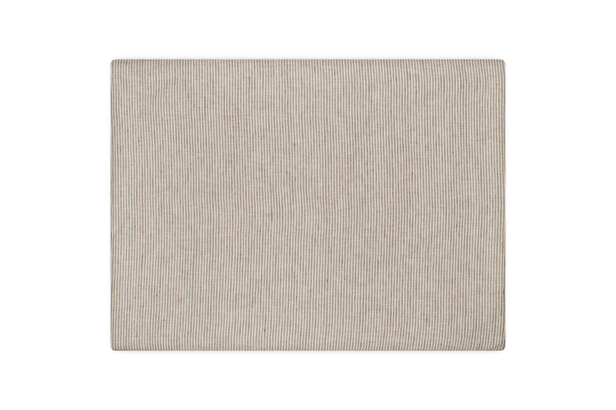 A square beige fabric napkin with fine vertical stripes, echoing the subtle elegance of nkuku’s Borba Hemp & Cotton Housewife Pillowcases in Espresso, is neatly laid flat on a white background.