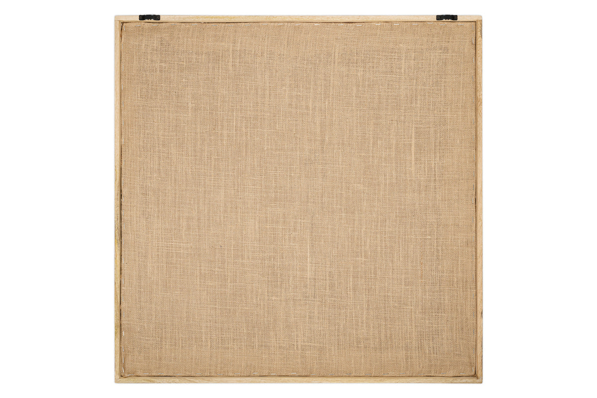 The Bawal Wall Art - Cross - Natural by nkuku features a rectangular, rough beige linen canvas in a sustainable mango wood frame. Two black clips top the blank canvas, inviting transformation into pastel art against a white background.