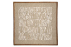 The Birala Hand Stitched Wall Art - Natural by nkuku features irregular vertical white stitching on textured beige fabric, framed in sustainable mango wood with a medium brown finish that enhances its neutral tones.