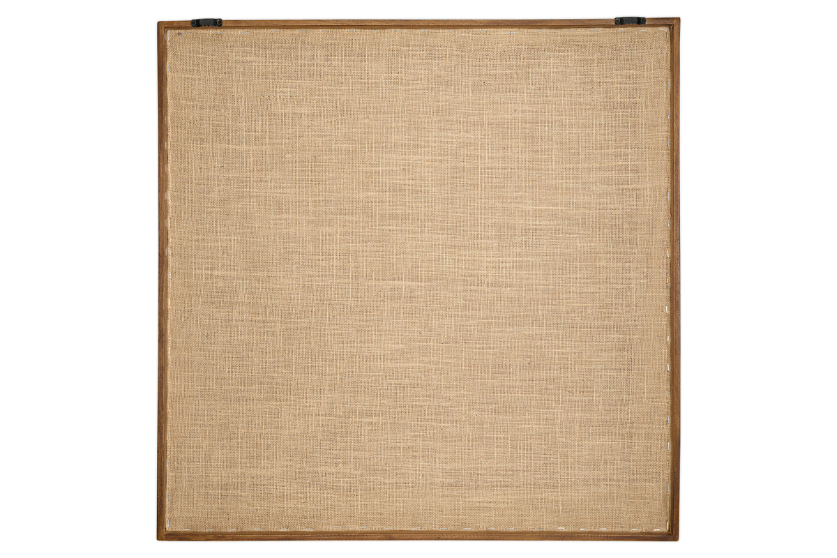 The Birala Hand Stitched Wall Art - Natural by nkuku features a sustainable mango wood frame and two black metal hangers, with a clean cork surface ready for displaying notes, papers, or handmade art.