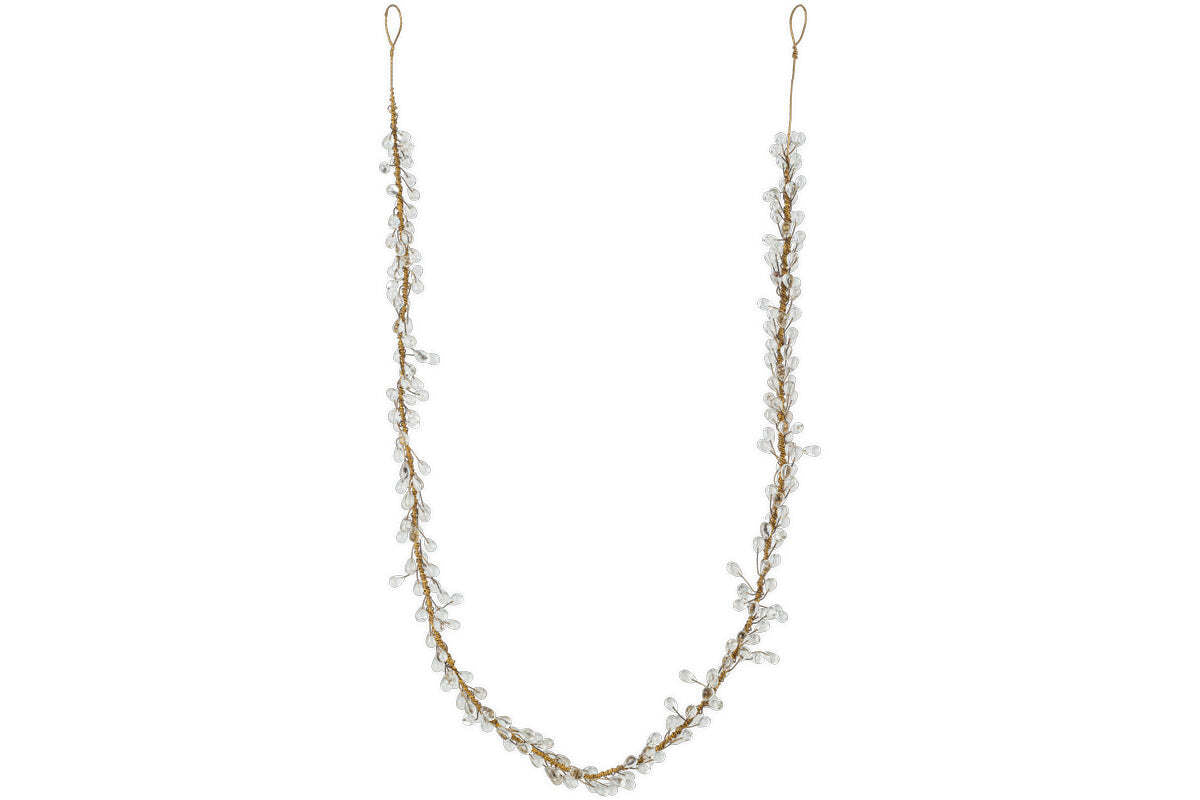 The Danvi Glass Drop Garland by nkuku features delicate brass wire and clear glass beads in a nature-inspired vine pattern, with loops at each end for securing in hair. Shown on a plain white background.