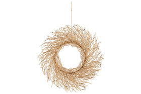 The Danvi Glass Drop Wreath by nkuku features elegant brass branches adorned with clear glass drops. Perfect for festive decor, it hangs by a string against a plain white background.