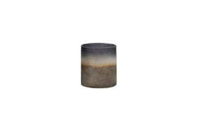 The Etti Tealight Holders by nkuku feature a cylindrical ceramic design with a navy-to-smoke gradient and rustic finish, showcased against a plain white background.