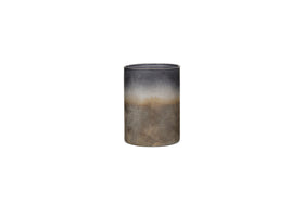 The Etti Tealight Holders by nkuku feature a cylindrical metal design with a navy and smoke gradient finish, ideal for creating an ambient glow. Shown here against a plain white background.