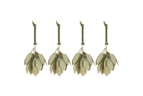 The Geeti Baubles - Soft Green (Set of 4) by nkuku feature pale, oval-shaped ornaments tied with green twine, inspired by nature. Hanging in a row, they add subtle charm and elegance to your space.
