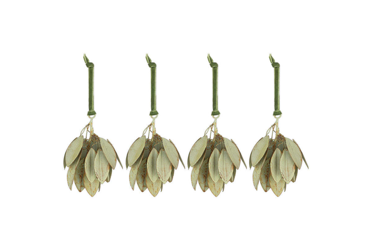 The Geeti Baubles - Soft Green (Set of 4) by nkuku feature pale, oval-shaped ornaments tied with green twine, inspired by nature. Hanging in a row, they add subtle charm and elegance to your space.