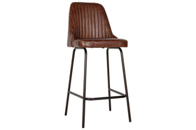 The Harsha Leather Counter Chair by nkuku features a chocolate brown leather seat with a ribbed, cushioned backrest and slim black metal legs—perfect for adding stylish comfort to your kitchen island.