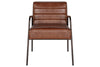 Front view of the nkuku Hadithi Leather Occasional Chair in chocolate brown, featuring a ribbed padded backrest and seat, slim black metal legs, and matching black metal armrests.