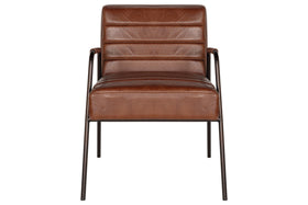 Front view of the nkuku Hadithi Leather Occasional Chair in chocolate brown, featuring a ribbed padded backrest and seat, slim black metal legs, and matching black metal armrests.